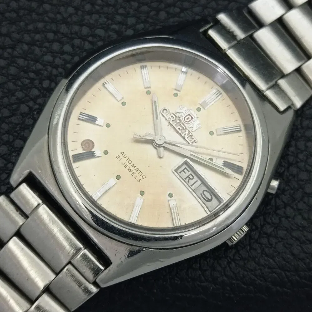 Vintage 1975 Orient Automatic Mens Silver Watch W/daydate & Patina accents